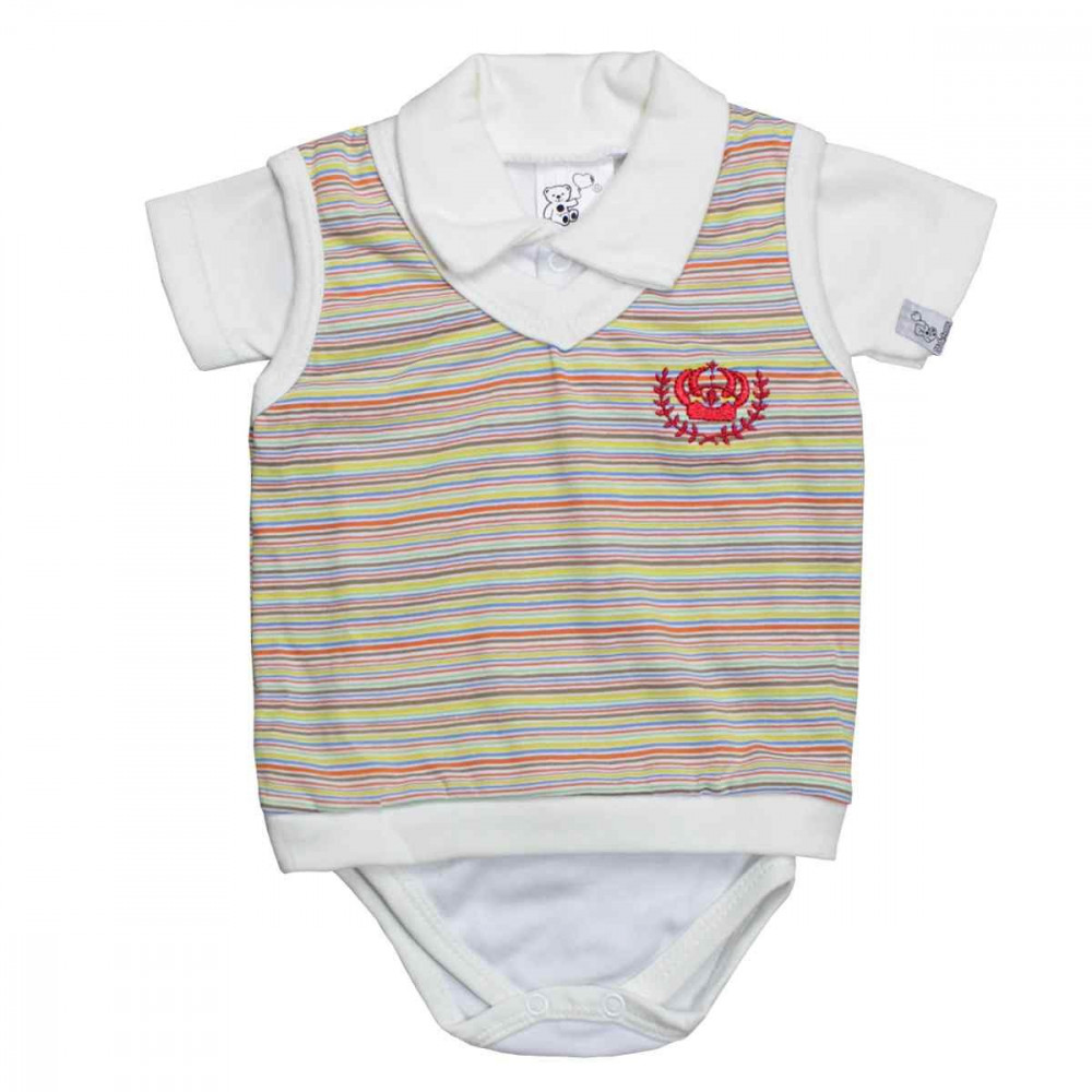 CONJUNTO CURTO PARA BEBÊ BODY POLO COM COLETINHO LISTRADO CREME