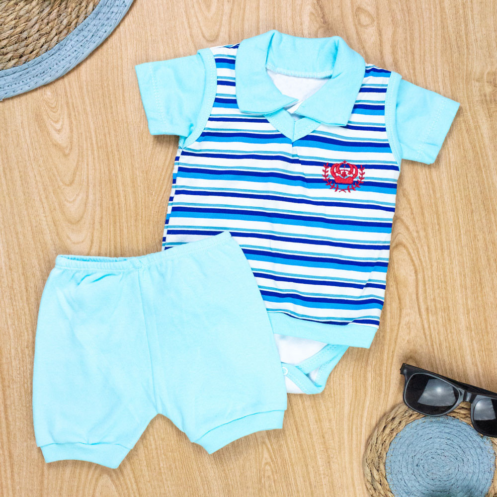 CONJUNTO CURTO PARA BEBÊ BODY POLO COM COLETINHO LISTRADO TURQUESA