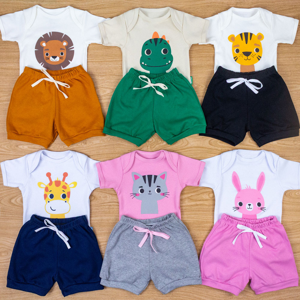 Conjunto Para Bebê Manga Curta Com Estampa Bichinhos da Floresta