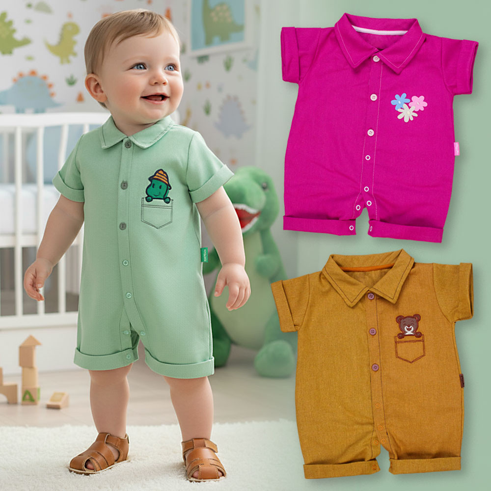 Macacão Camisa Ecolinho Bordado 3D Caqui para Bebês até 12 Meses 