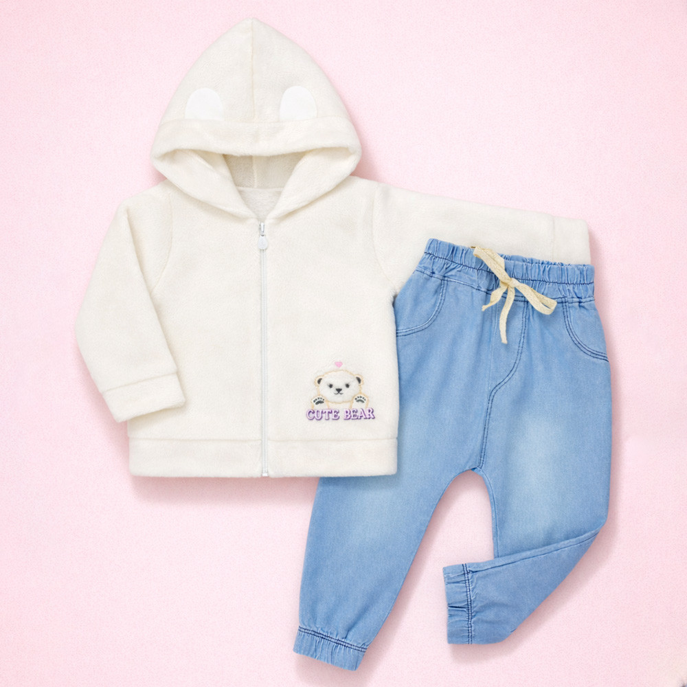 Conjunto Blusa Fleece Aveludado e Calça Jeans Creme Para Bebê Menina