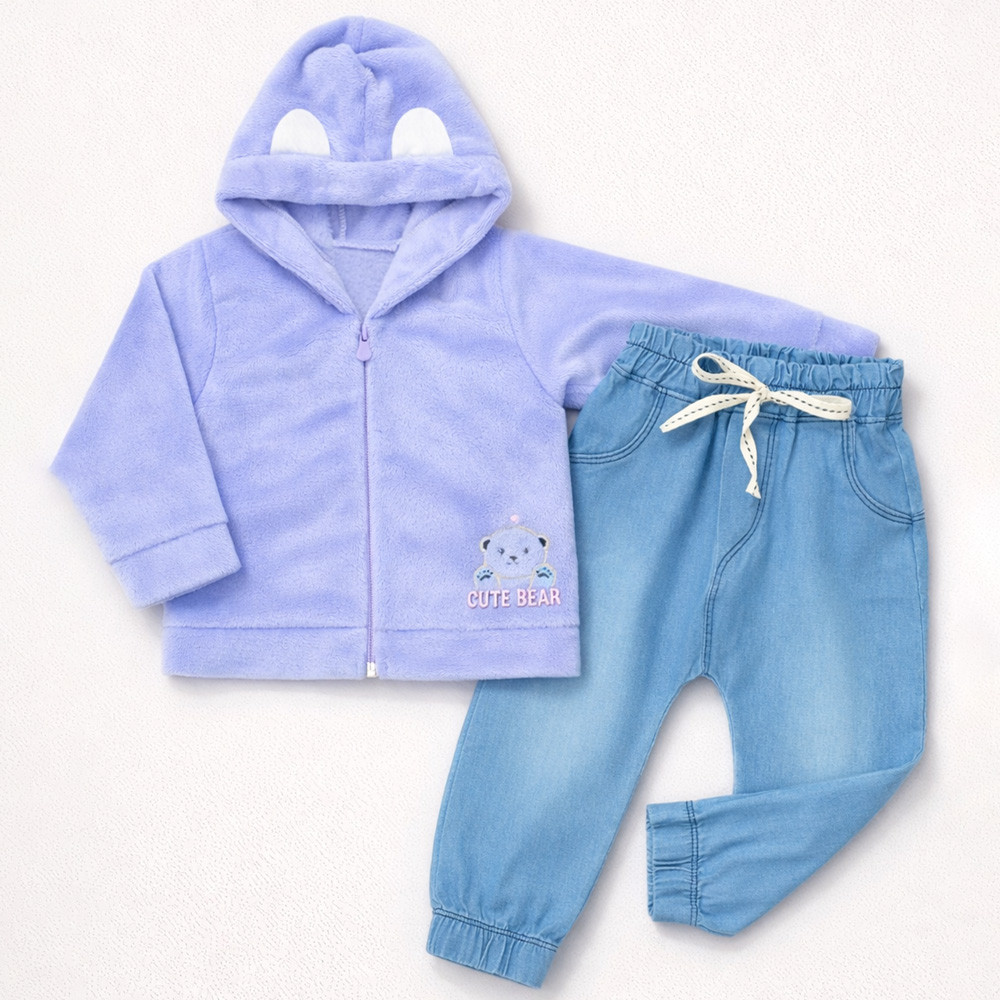 Conjunto Blusa Fleece Aveludado e Calça Jeans Lilás Para Bebê Menina