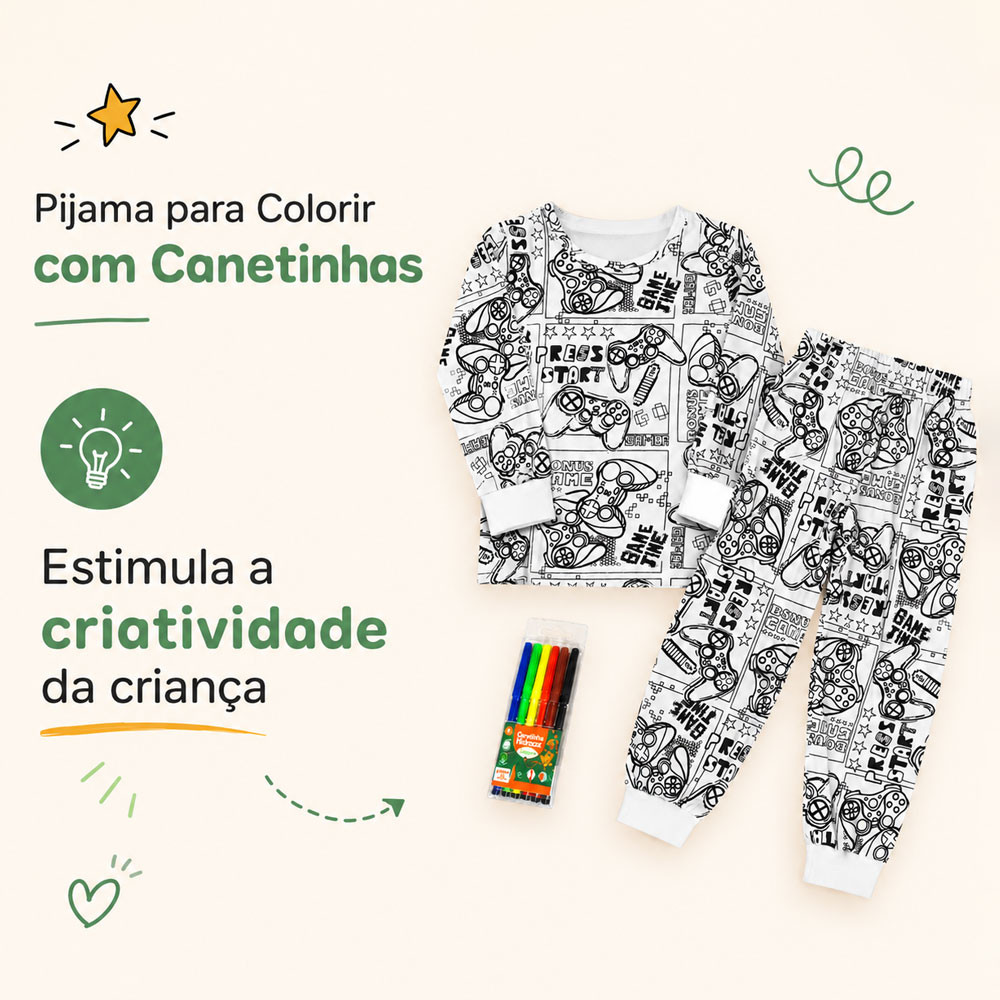 Pijama Infantil Interativo Com Canetinhas Hidrocor Blusa e Calça Para Meninas 1 a 14 Anos
