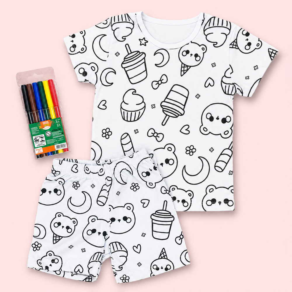 Pijama Infantil Curto Para Colorir Com Canetinhas de 2 até 14 anos Estampas Sortidas Meninas