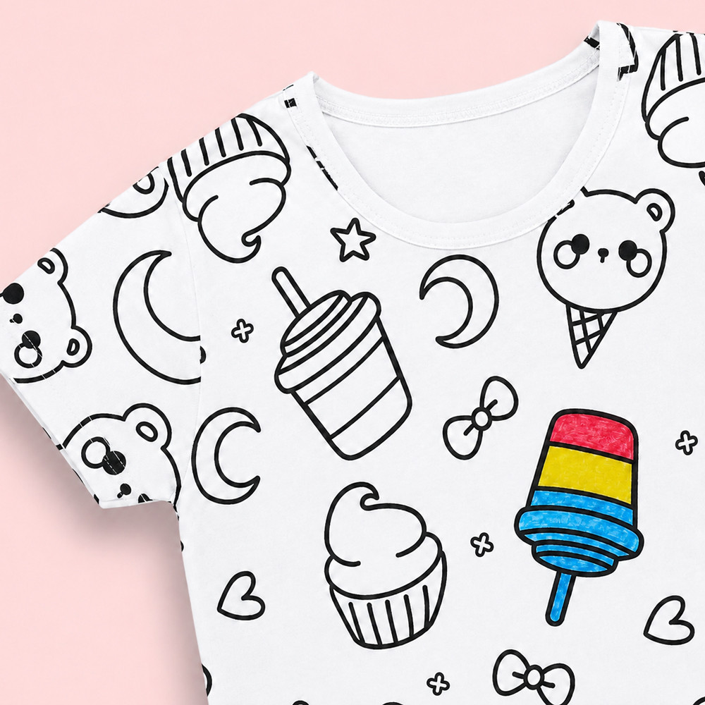 Pijama Infantil Curto Para Colorir Com Canetinhas de 2 até 14 anos Estampas Sortidas Meninas