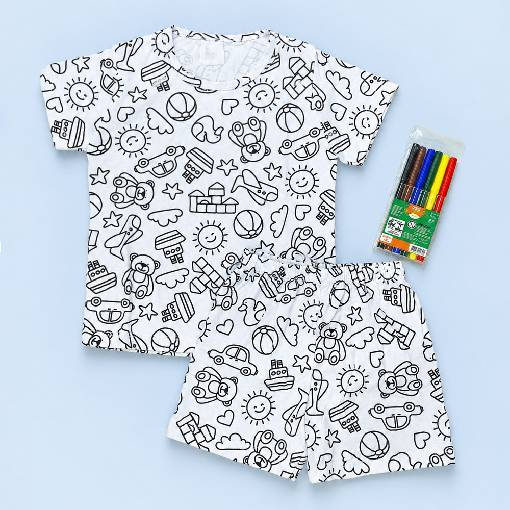 Pijama Infantil Curto Para Colorir Com Canetinhas de 2 até 14 anos Estampas Sortidas Menino