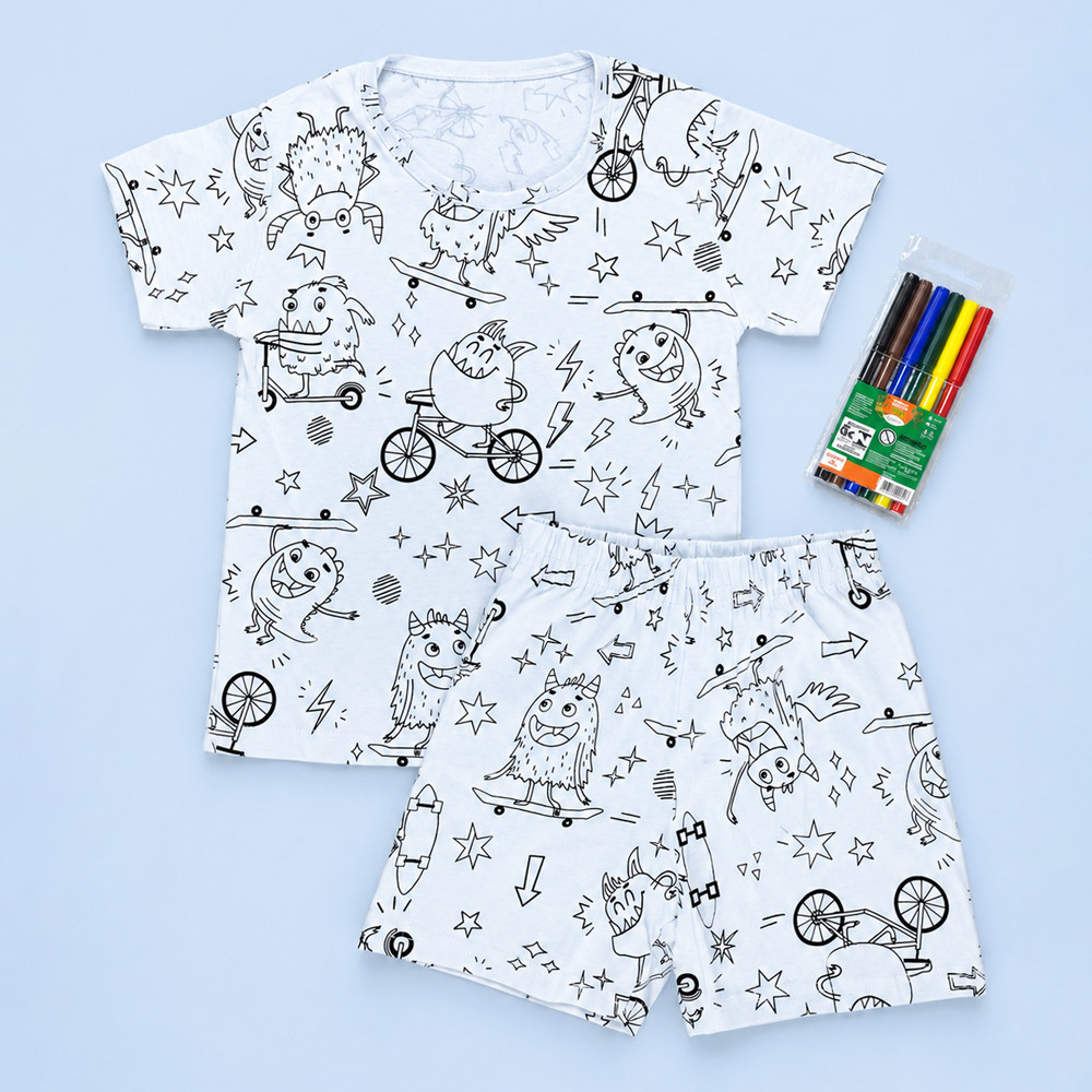 Pijama Infantil Curto Para Colorir Com Canetinhas de 2 até 14 anos Estampas Sortidas Menino