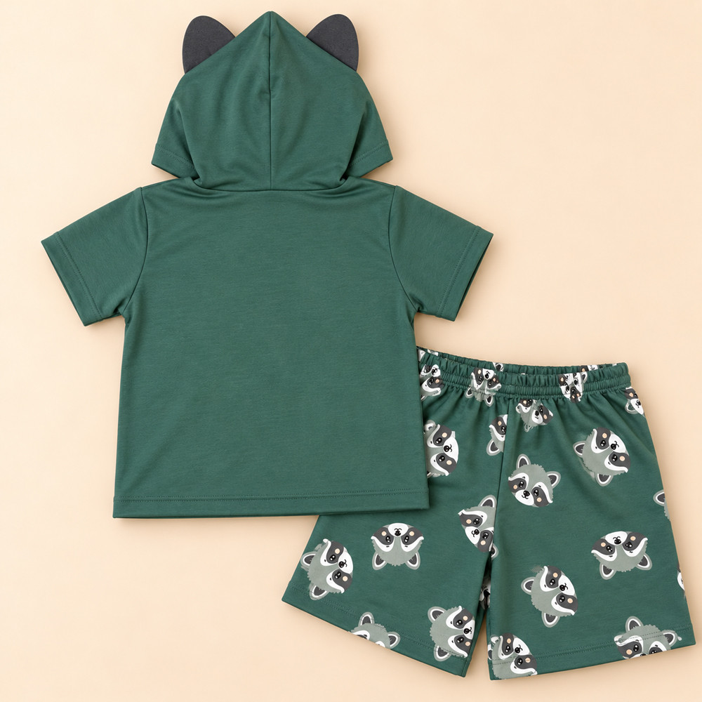 Conjunto Curto Infantil Blusa com Capuz de Quati Aplique 3D e Shorts Estampado Cinza