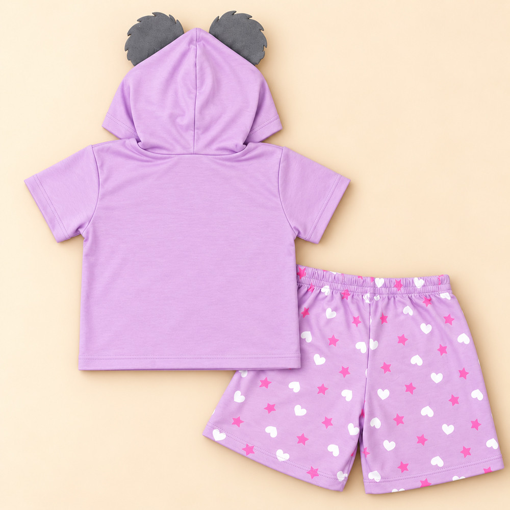 Conjunto Curto Infantil Blusa com Capuz de Coala Aplique 3D e Shorts Estampado Lilás