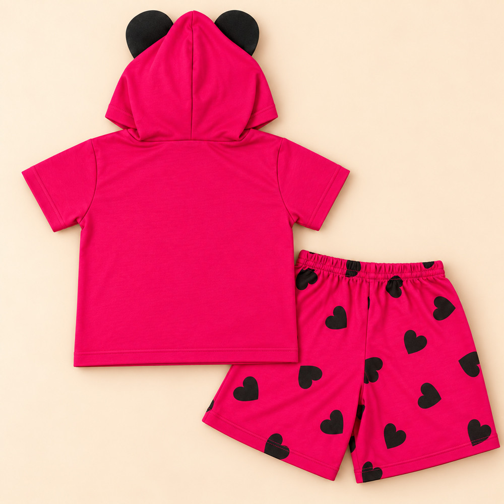 Conjunto Curto Infantil Blusa com Capuz de Ursinha Aplique 3D e Shorts Estampado Pink