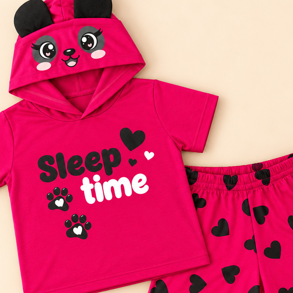 Conjunto Curto Infantil Blusa com Capuz de Ursinha Aplique 3D e Shorts Estampado Pink