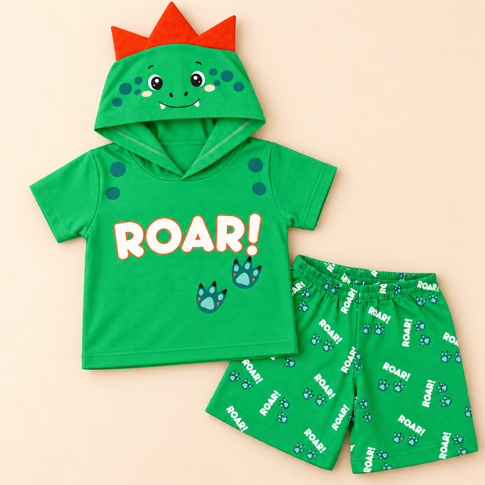 Conjunto Curto Infantil Blusa com Capuz de Dino Aplique 3D e Shorts Estampado Verde