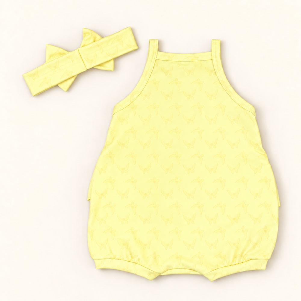 Macacão Curto Bebê Amarelo Com Faixinha De Cabelo Veste Até 12 Meses