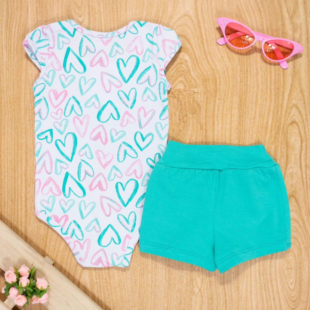 CONJUNTO PARA BEBÊ BODY E SHORTS COTTON CORAÇÃO BRANCO
