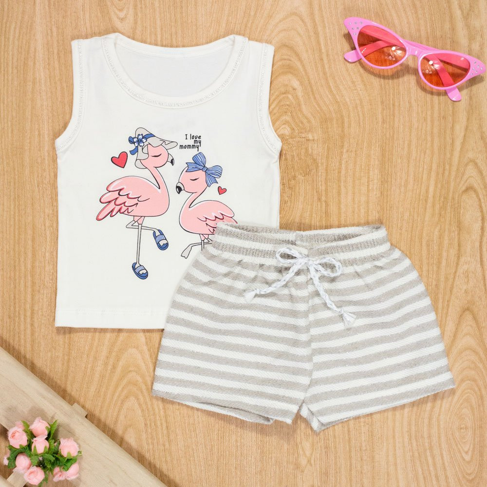 CONJUNTO PARA BEBÊ REGATA E SHORTS FLAMINGO CREME