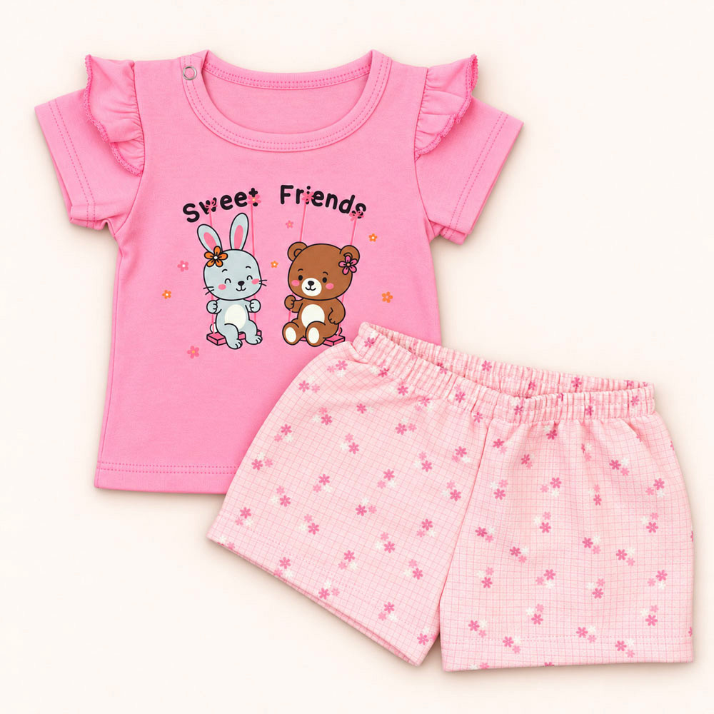 Conjunto Bebê Blusa Com Babado E Shorts Moletinho Estampado Rosa Até 12 Meses