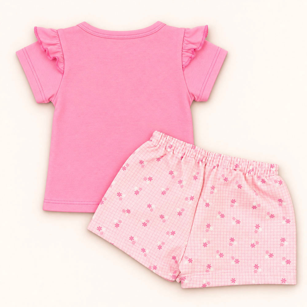 Conjunto Bebê Blusa Com Babado E Shorts Moletinho Estampado Rosa Até 12 Meses