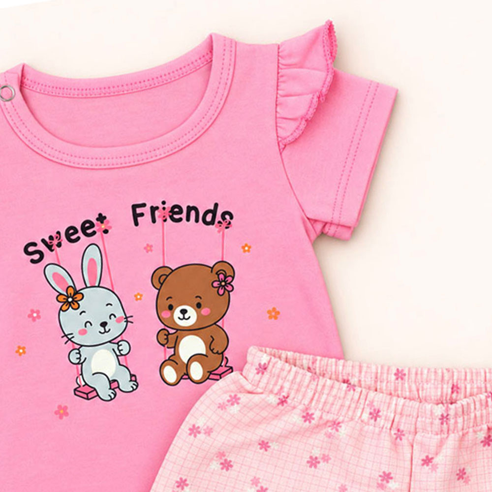 Conjunto Bebê Blusa Com Babado E Shorts Moletinho Estampado Rosa Até 12 Meses