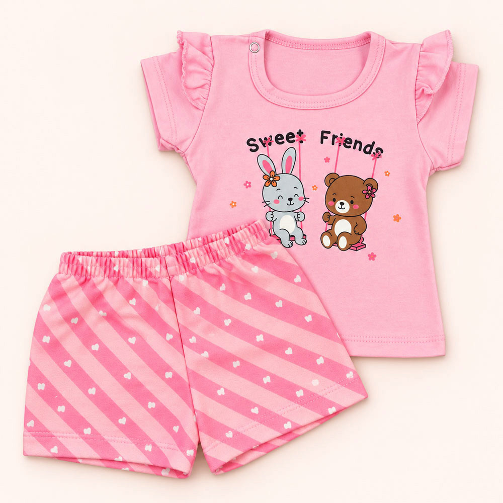 Conjunto Bebê Blusa Com Babado E Shorts Moletinho Estampado Rosa Claro Até 12 Meses