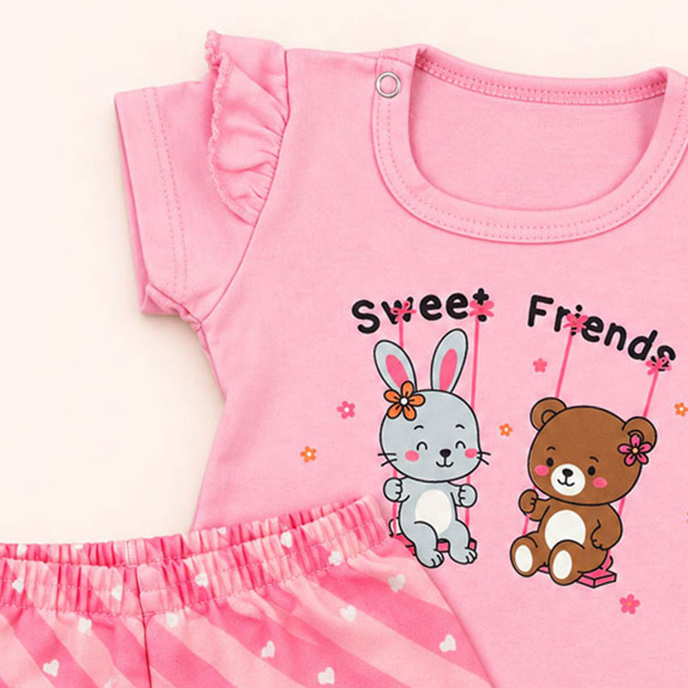 Conjunto Bebê Blusa Com Babado E Shorts Moletinho Estampado Rosa Claro Até 12 Meses