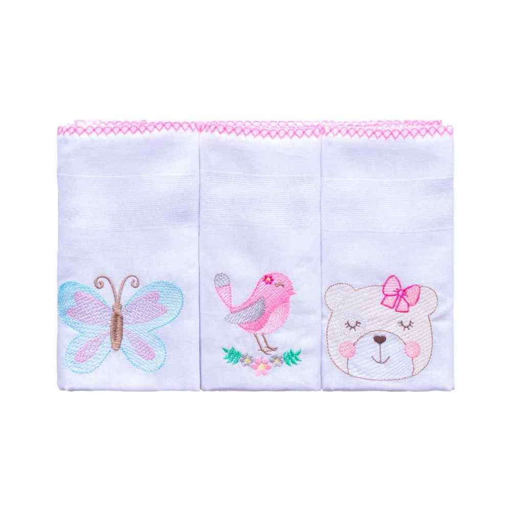KIT FRALDA 3 PEÇAS 68CM X 70CM PARA BEBÊ BORDADINHO BORBOLETA