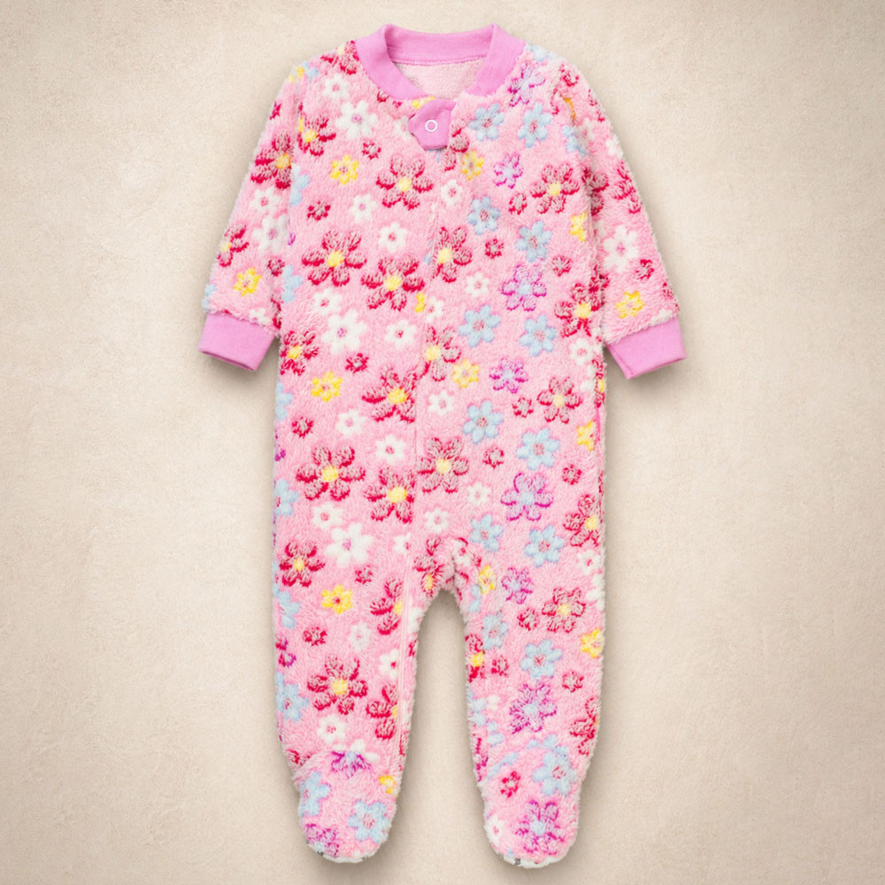 Macacão Fleece Bebê Zíper Solinha Antiderrapante Estampado Flores Pink 0 a 12 Meses