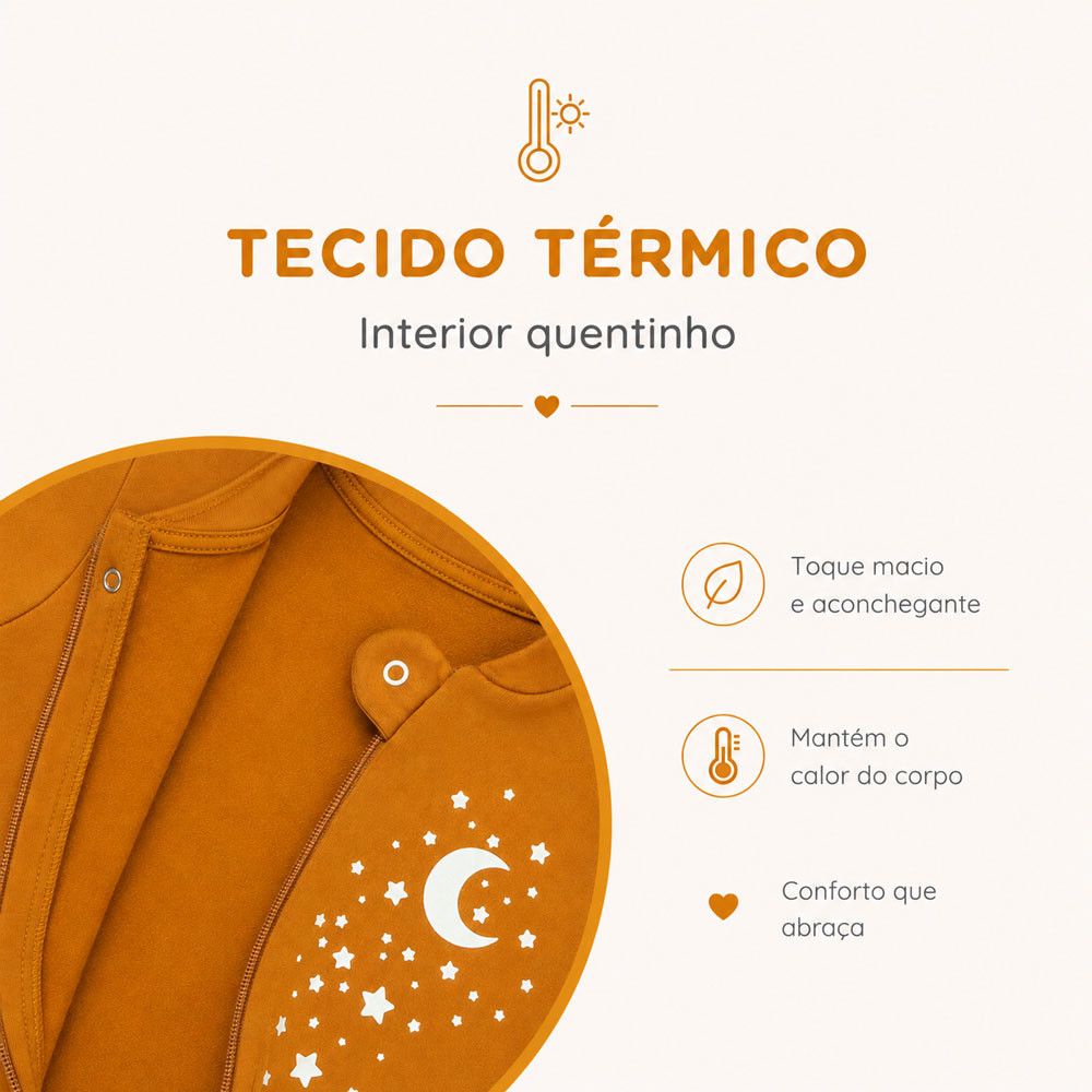 Macacão Infantil Térmico Brilha no Escuro Zíper Pé Antiderrapante Caramelo de 12 a 24 Meses