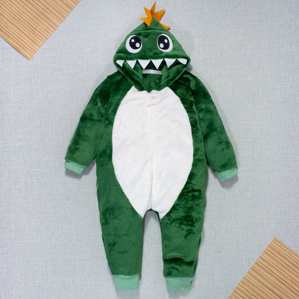 MACACÃO INFANTIL FLEECE ATÉ 24 MESES CAPUZ BORDADO DINO VERDE