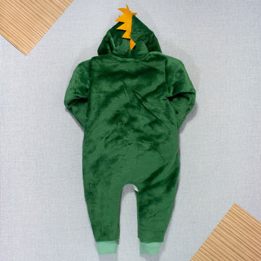 MACACÃO INFANTIL FLEECE ATÉ 24 MESES CAPUZ BORDADO DINO VERDE