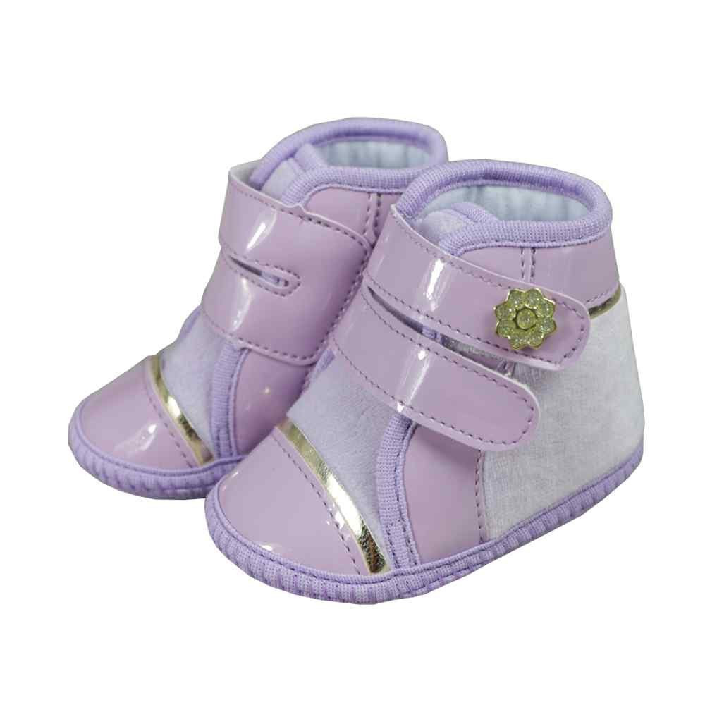 BOTINHA PARA BEBÊ VERNIZ COM VELCRO APLIQUE FLORZINHA LILÁS KETO