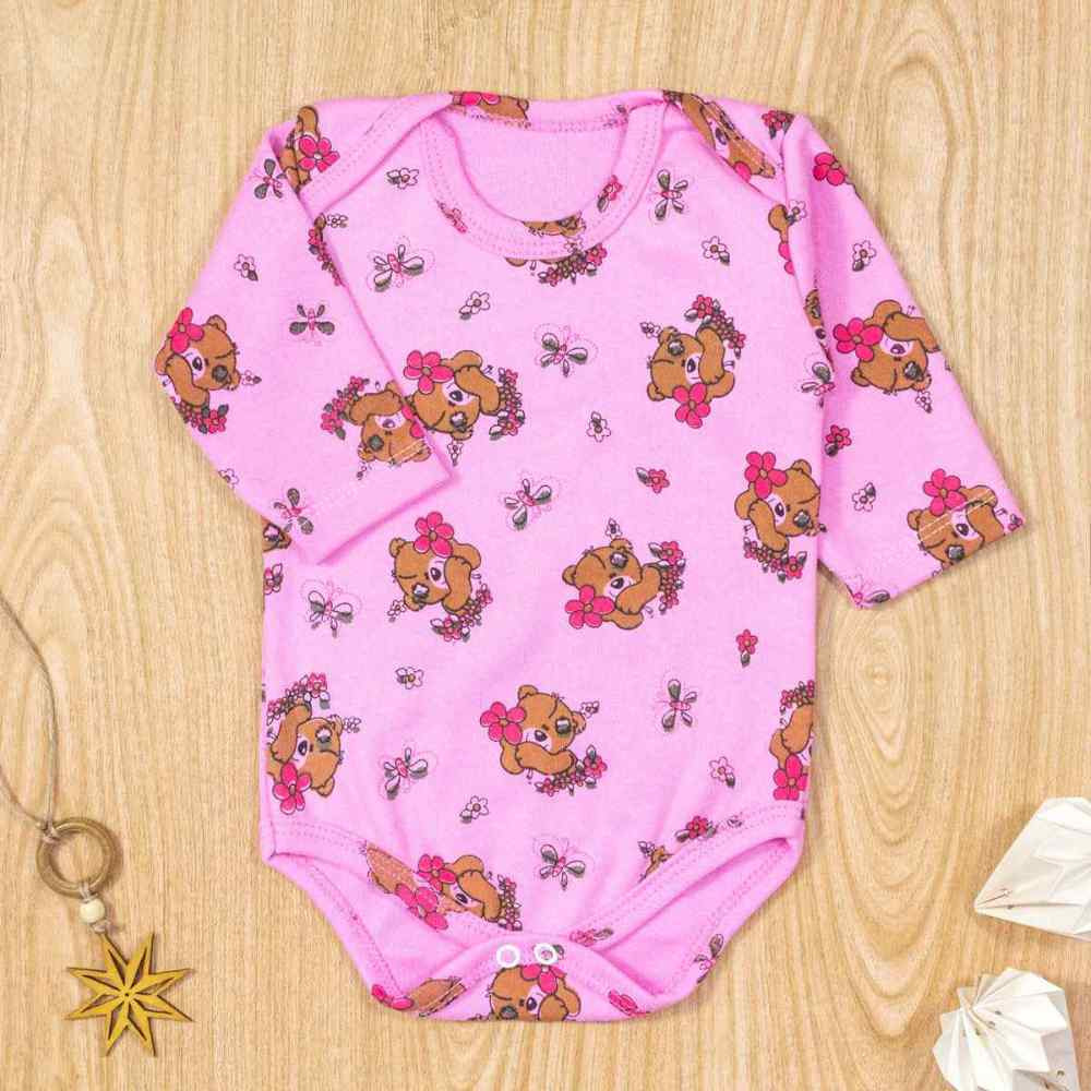 BODY PARA BEBÊ MANGA LONGA ESTAMPADINHO URSA FLOR ROSA