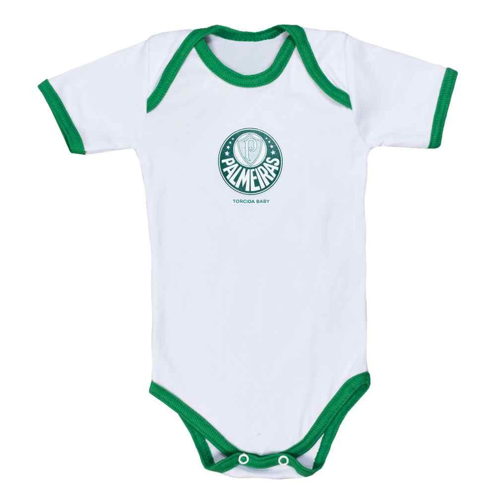 BODY PARA BEBÊ MANGA CURTA CANELADO PALMEIRAS BRANCO