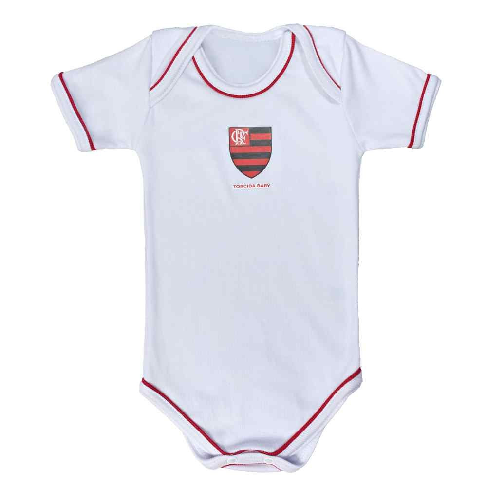BODY PARA BEBÊ MANGA CURTA CANELADO FLAMENGO BRANCO
