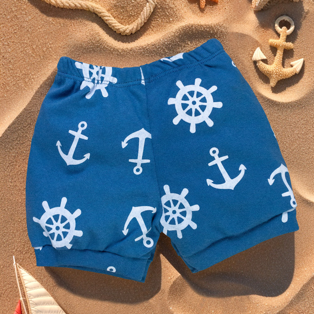 Shorts Bebê Azul Escuro Âncora Minimalista - Leve e Macio