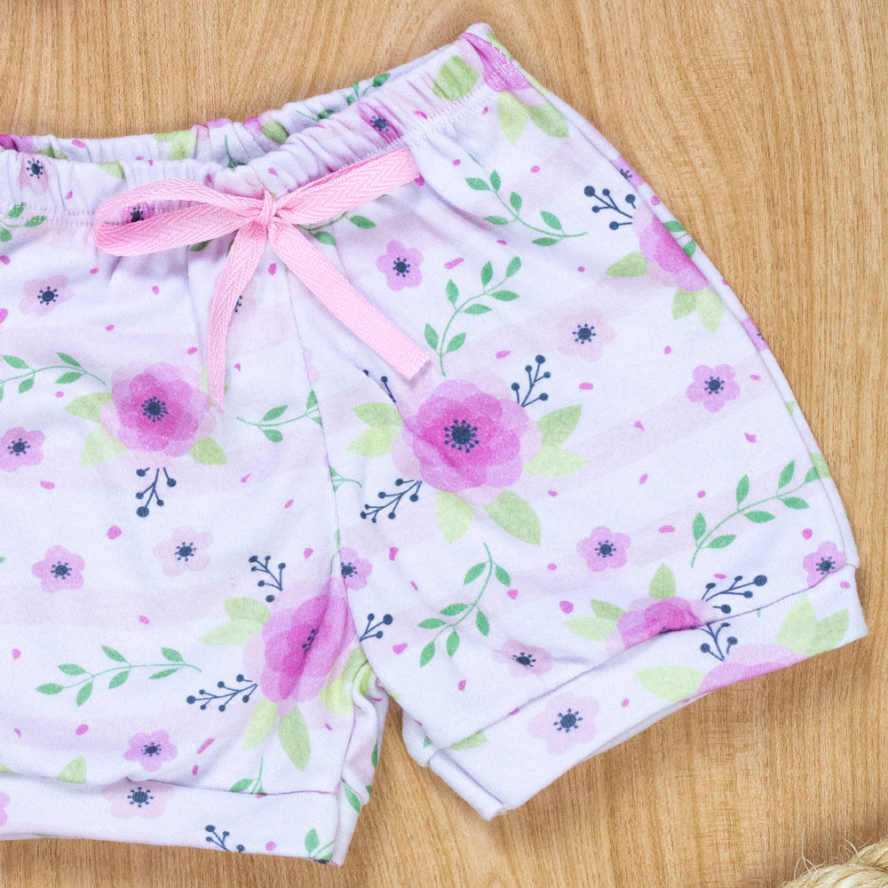 Shorts Estampado Flor Aquarela Rosa Bebê - Encanto de Verão