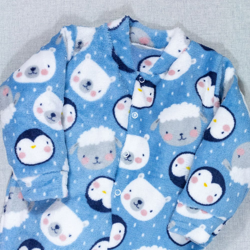 MACACÃO INFANTIL 1 AO 3 FLEECE ESTAMPADINHO PINGUIM AZUL