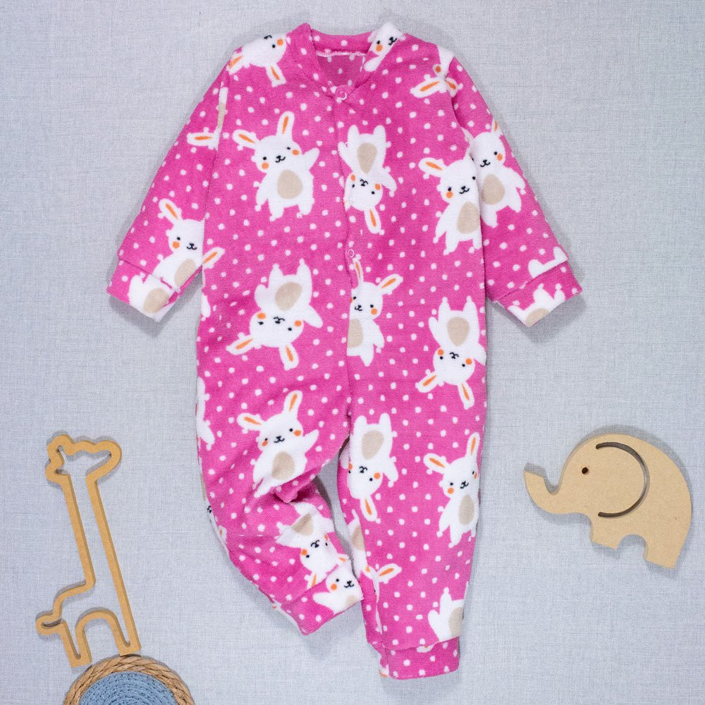 MACACÃO INFANTIL 1 AO 3 FLEECE ESTAMPADINHO COELHINHA ROSA