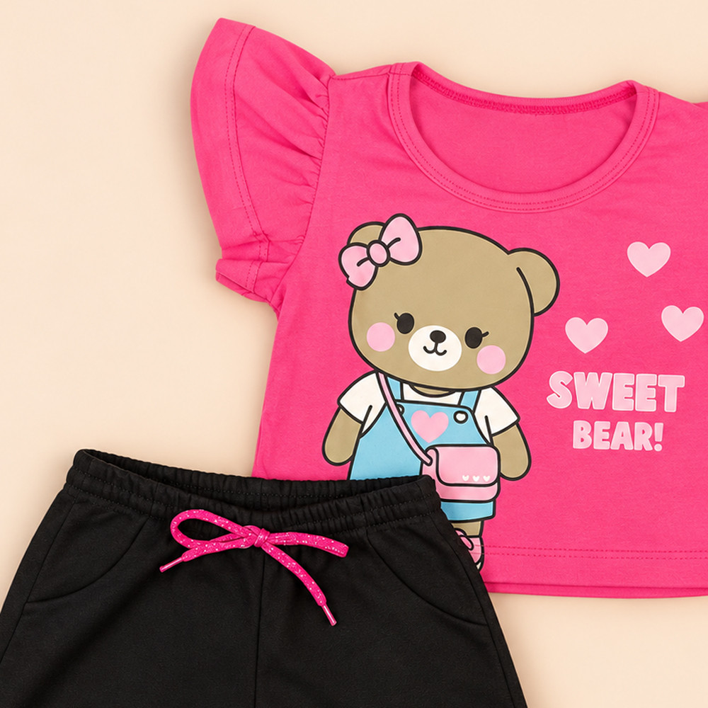 Conjunto Infantil Menina Verão Blusa Estampada e Shorts 2 até 8 anos Pink