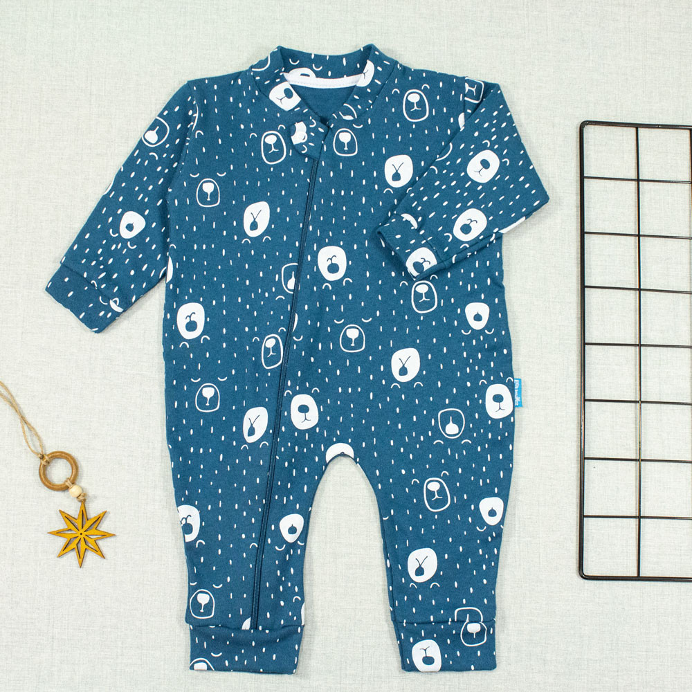 MACACÃO PARA BEBÊ LONGO DE ZÍPER ESTAMPA MINIMALISTA URSO AZUL ESCURO