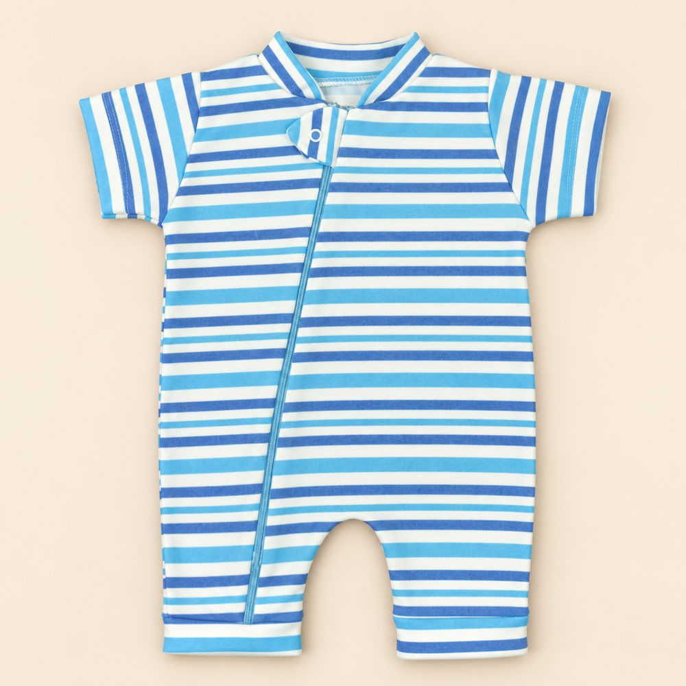 Macacão Romper Bebê Estampado Listras Azul Em Malha Macelin De 0 A 12 Meses