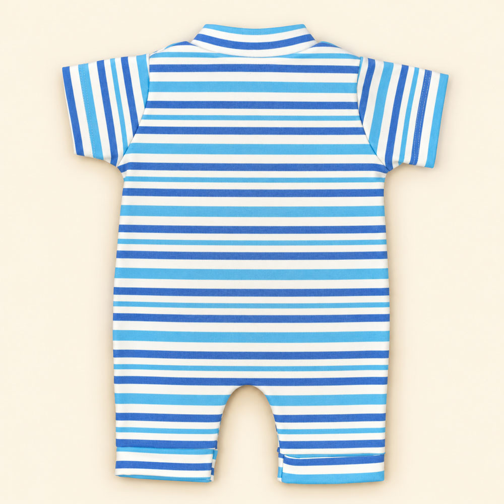 Macacão Romper Bebê Estampado Listras Azul Em Malha Macelin De 0 A 12 Meses