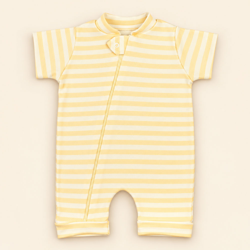 Macacão Romper Bebê Estampado Listras Creme Em Malha Macelin De 0 A 12 Meses