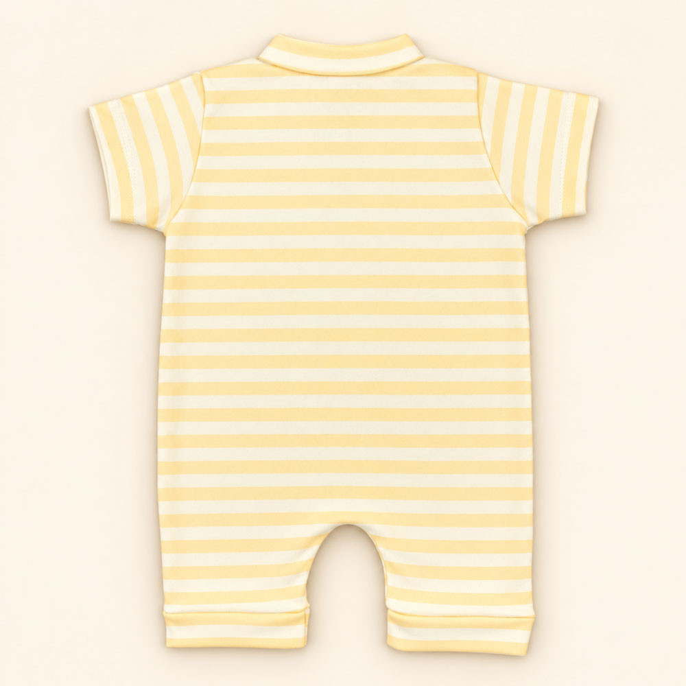 Macacão Romper Bebê Estampado Listras Creme Em Malha Macelin De 0 A 12 Meses