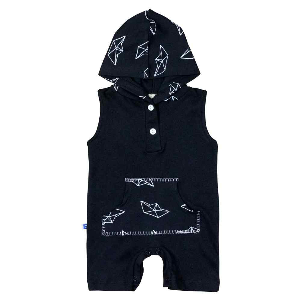 MACACÃO PARA BEBÊ REGATA COM CAPUZ BARCO PRETO