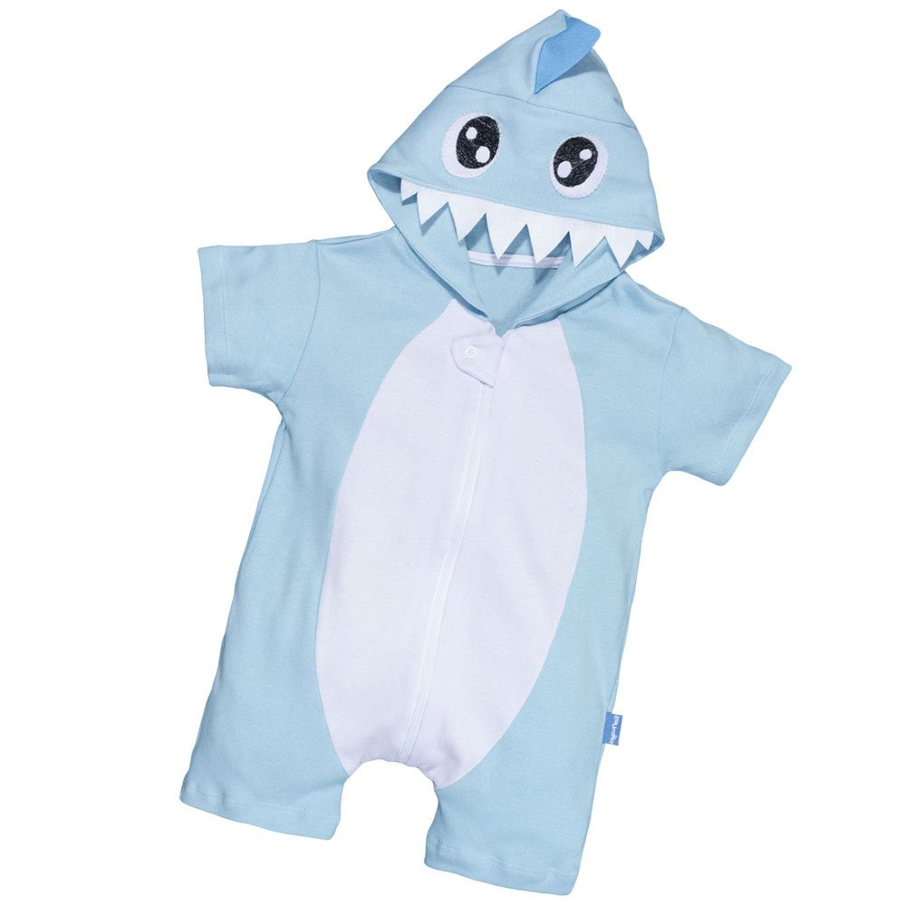 Macacão Infantil Curto Com Capuz Bichinhos Bordado Tubarão Azul Claro
