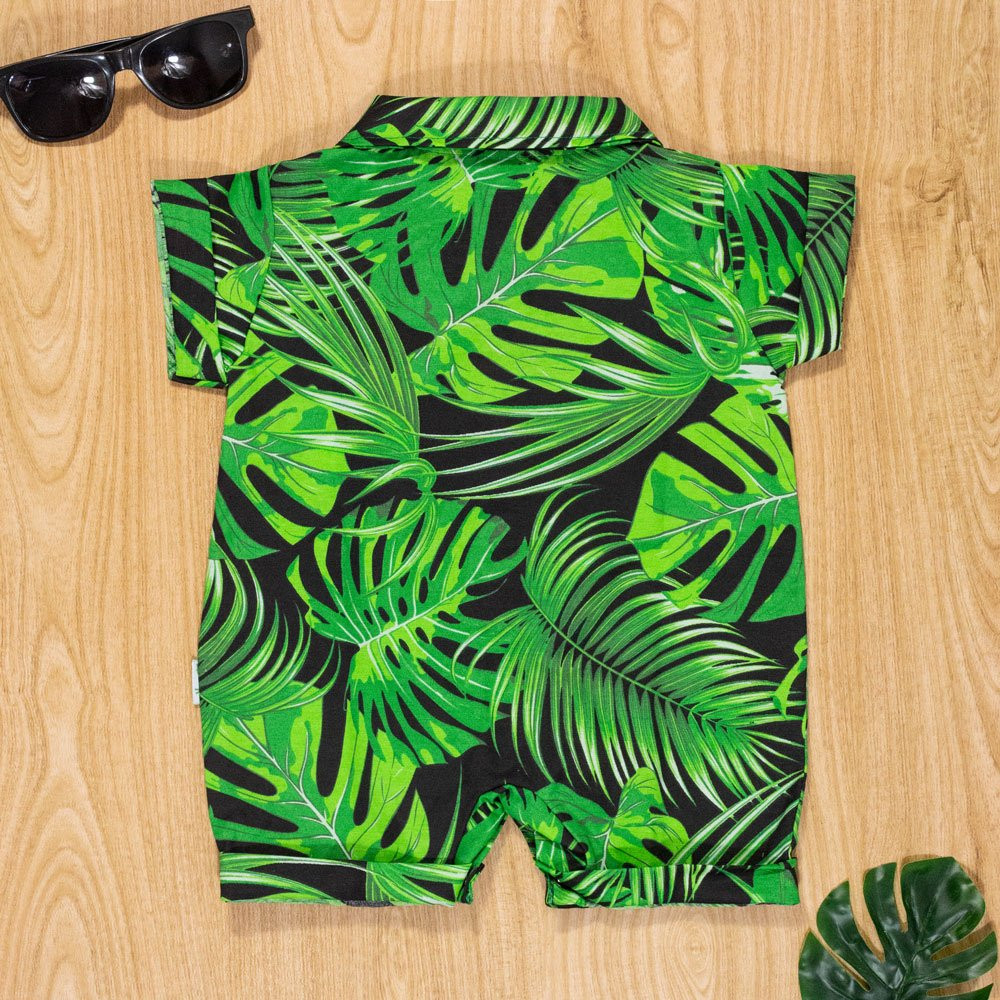 MACACÃO CAMISA PARA BEBÊ MENINO EM TRICOLINE FOLHAS VERDE