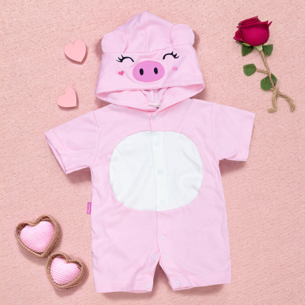 Macacão para Bebê Curto Com Capuz Bichinhos Bordado Porquinha Rosa