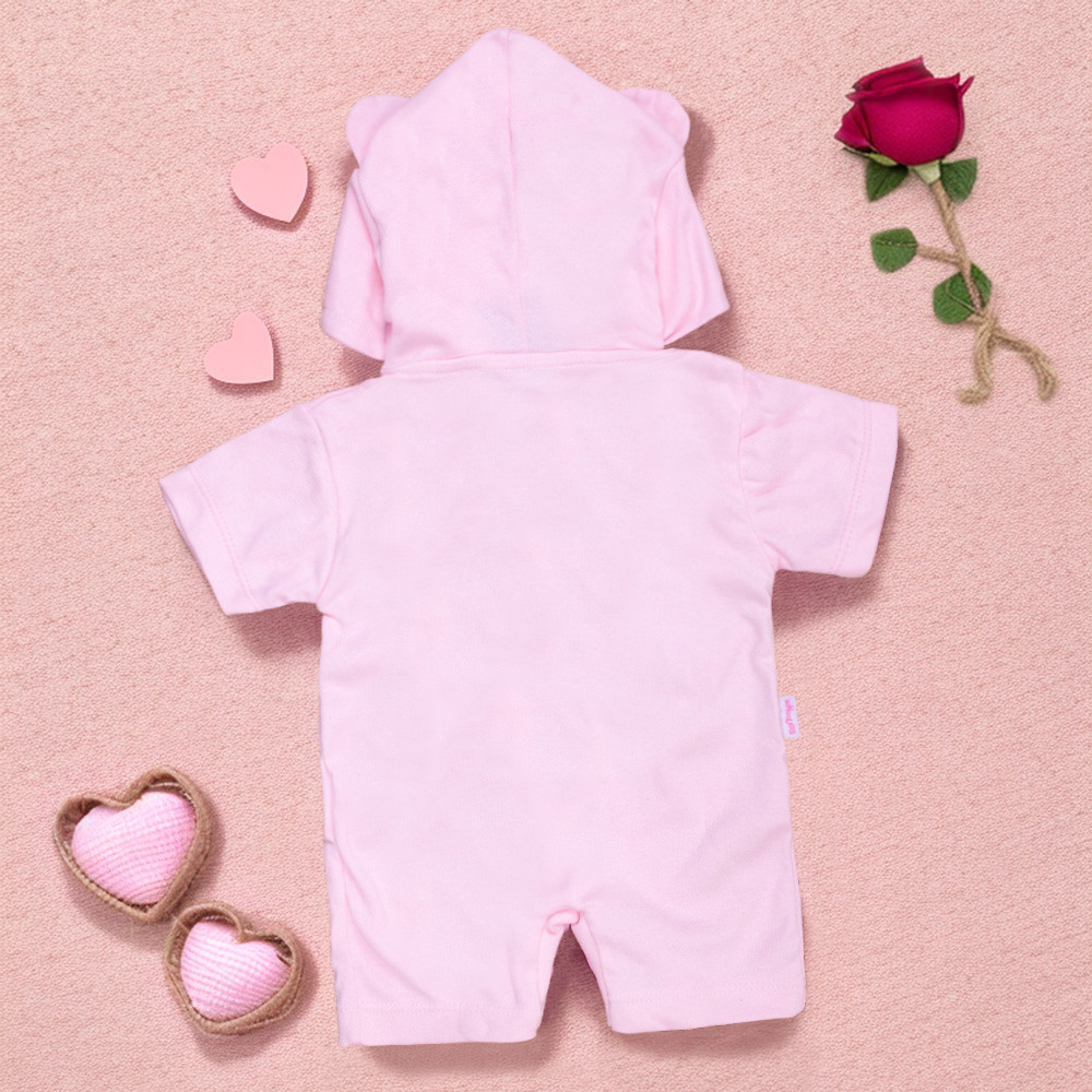 Macacão para Bebê Curto Com Capuz Bichinhos Bordado Porquinha Rosa