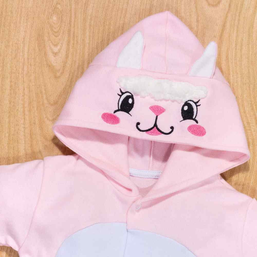 Macacão para Bebê Curto Com Capuz Bichinhos Bordado Ovelha Rosa Claro