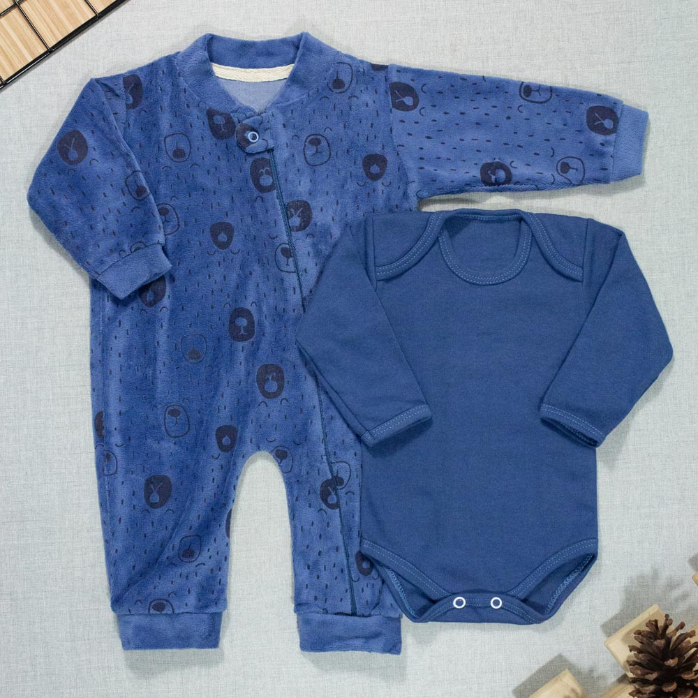 Macacão Plush Minimalista com Body para Bebês Meninos Azul